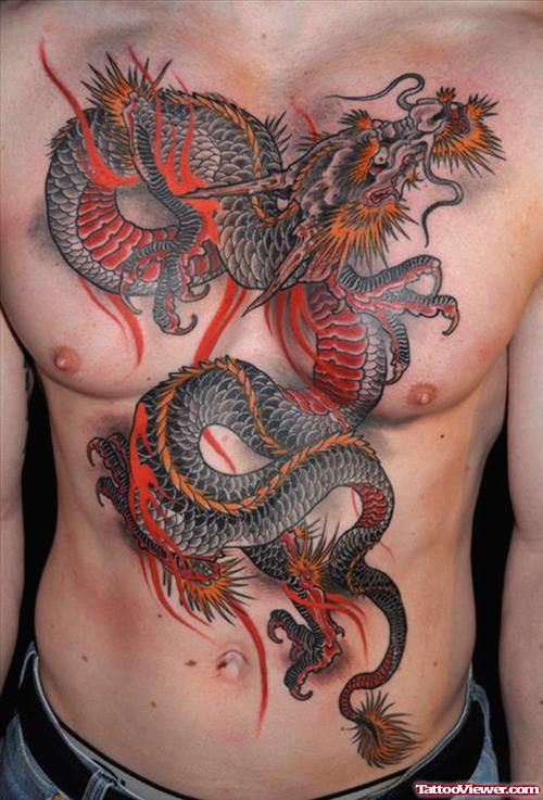 Colored Dragon Tattoo On Man Front