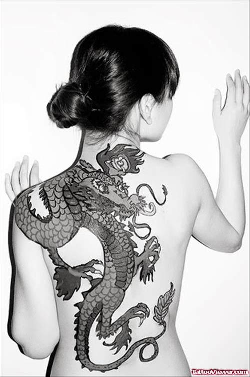 Wonderful Grey Ink Dragon Tattoo On Girl Back Body
