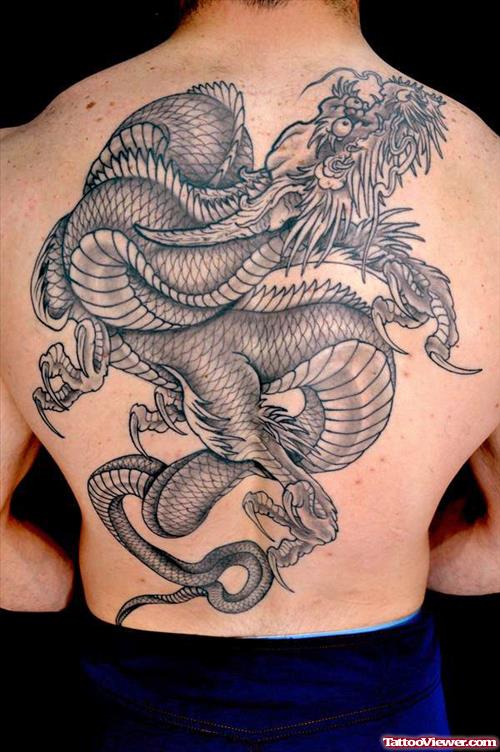 Stylish Grey Ink Dragon Tattoo On Back Body