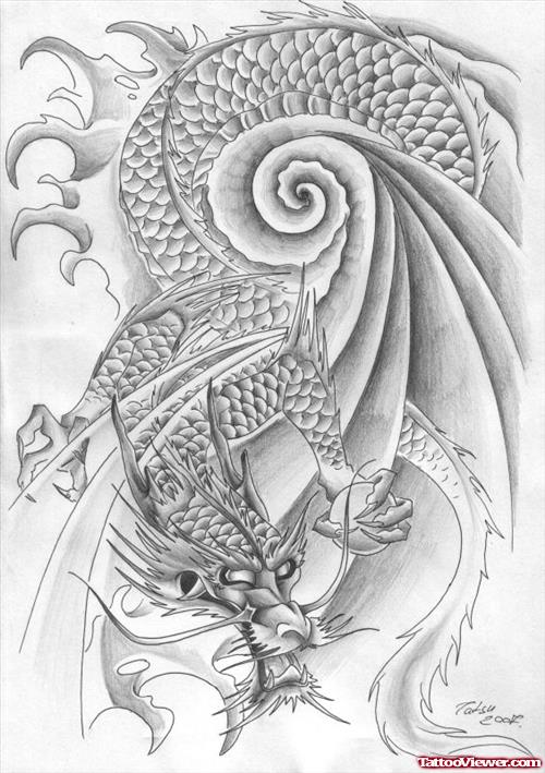 New Grey Ink Dragon Tattoo Design