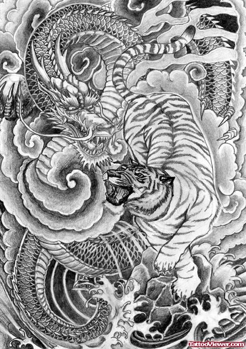 Grey Ink Dragon And Tiger Tattoo Design
