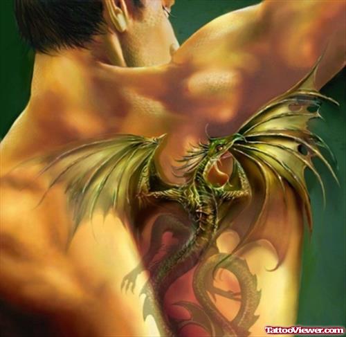 Green Dragon Tattoo On Man Back