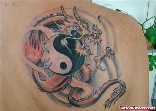 Dragon And Yin Yang Tattoo On Right Back Shoulder