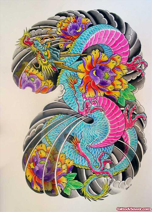 Awesome colored Japanese Dragon Tattoo Design