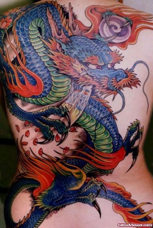 Awesome Colored Dragon Tattoo On Full Back