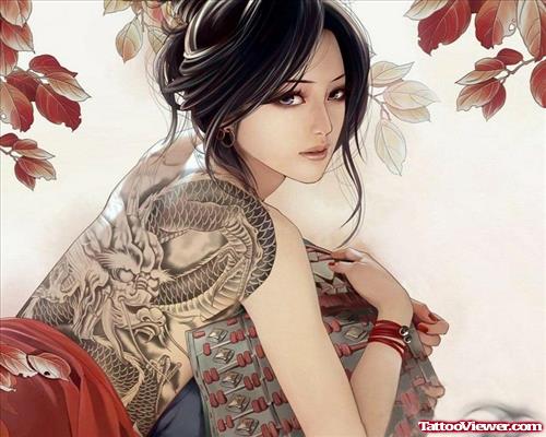 Impressive Grey Ink Dragon Tattoo On Girl Back Body