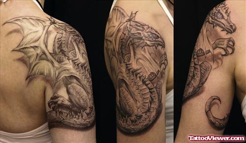 Wonderful Grey Ink Dragon Tattoo On Right Half Sleeve