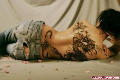 Trendy Grey Ink Dragon Tattoo On Girl Back Body