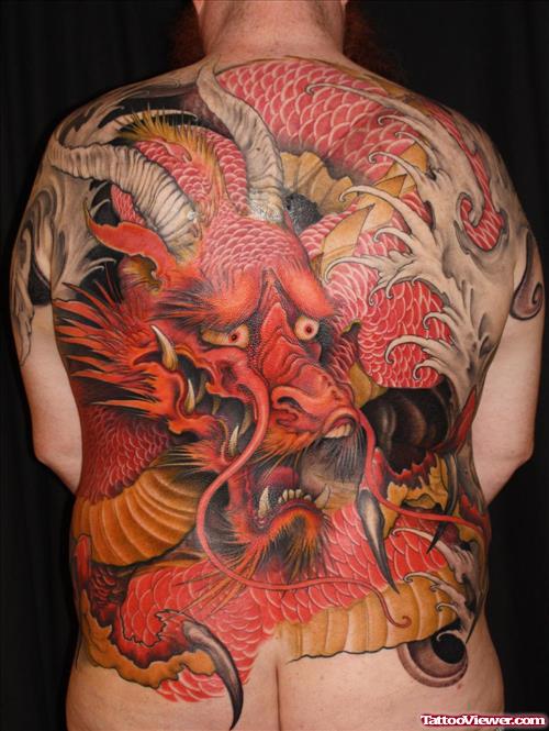 Red Dragon Tattoo On Man Back Body