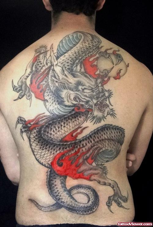 Grey Ink Fire Dragon Tattoo On Back