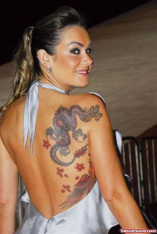Girl Right Back Shoulder Flowers And Dragon Tattoo