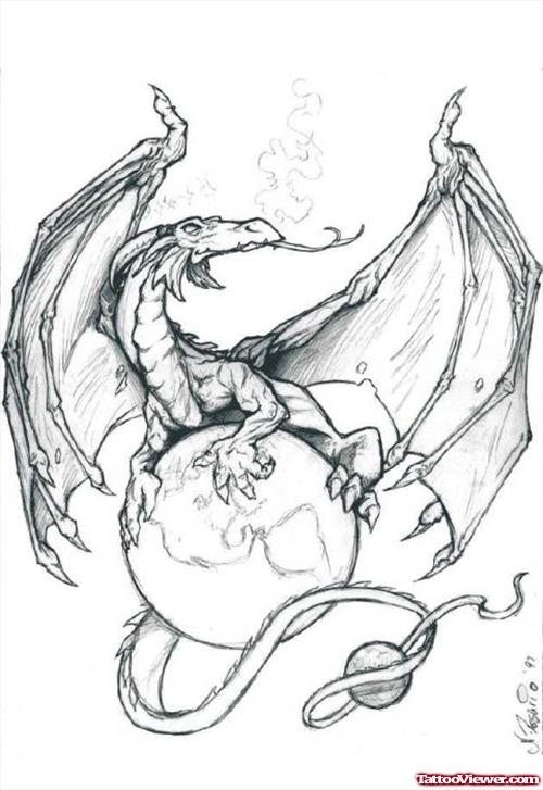 Flying Dragon With Earth Ball Tattoo Design