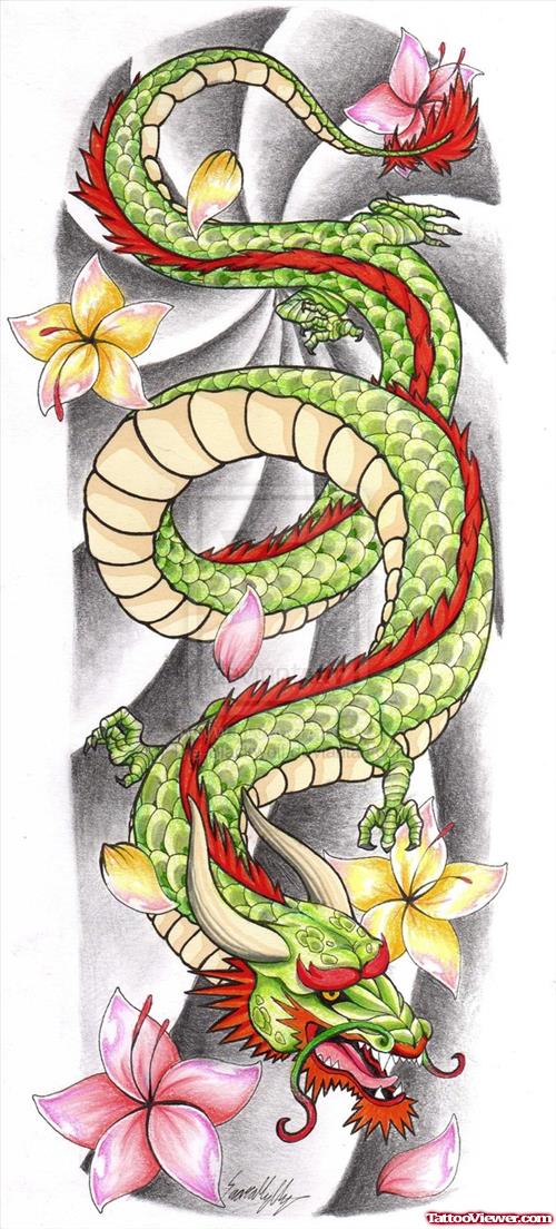 Flowers And Chinese Green Dragon Tattoo Design