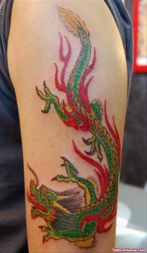 Colored Dragon Tattoo On Left Biceps
