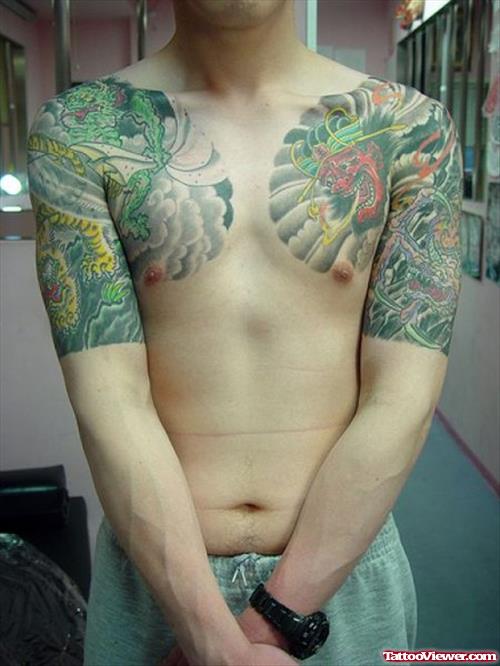 Japanese Dragon Tattoos On Chest And Shoulders