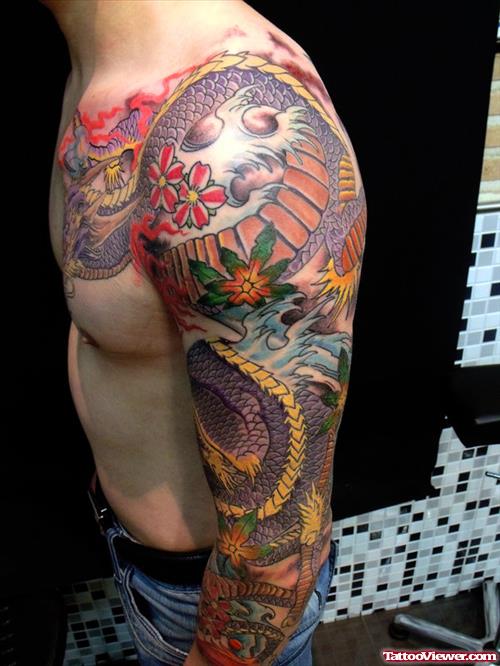 Colored Dragon Tattoo On Man Left Sleeve