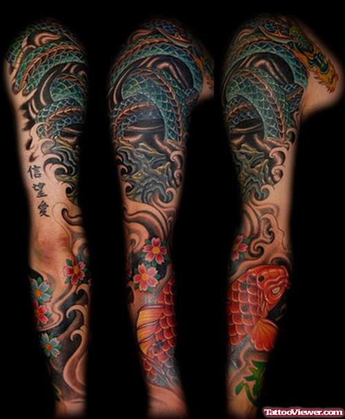 Colored Dragon And Koi Fish Tattoo On Sleeve