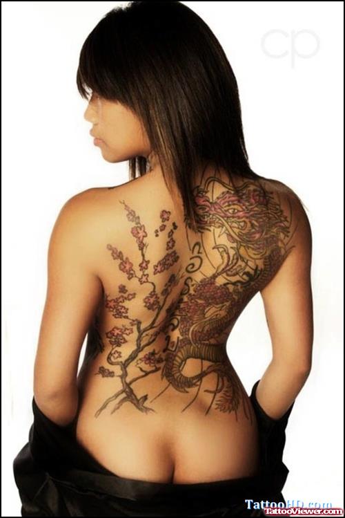 Color Flowers And Dragon Tattoo On Girl Back Body