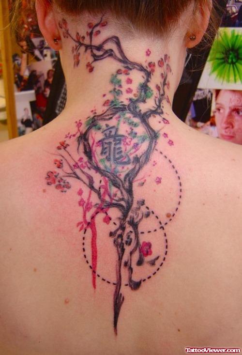 Chinese symbol Dragon And Flowers Tattoo On Back