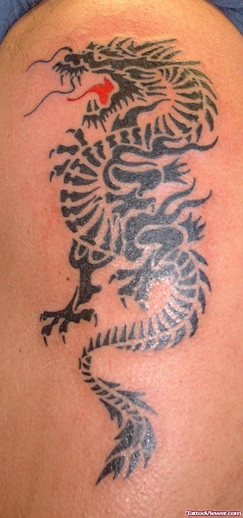 Black Tribal Dragon Tattoo On Left Half Sleeve