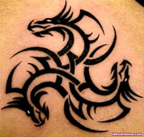 Black Ink Tribal Dragon Heads Tattoos Design