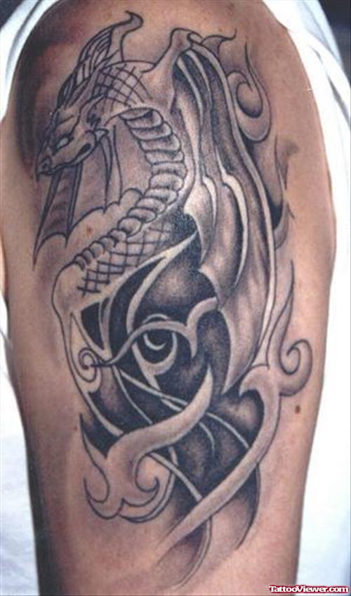 Best Grey Ink Dragon Tattoo On Left Half Sleeve