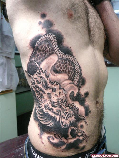 Side Rib Grey Ink Dragon Tattoo