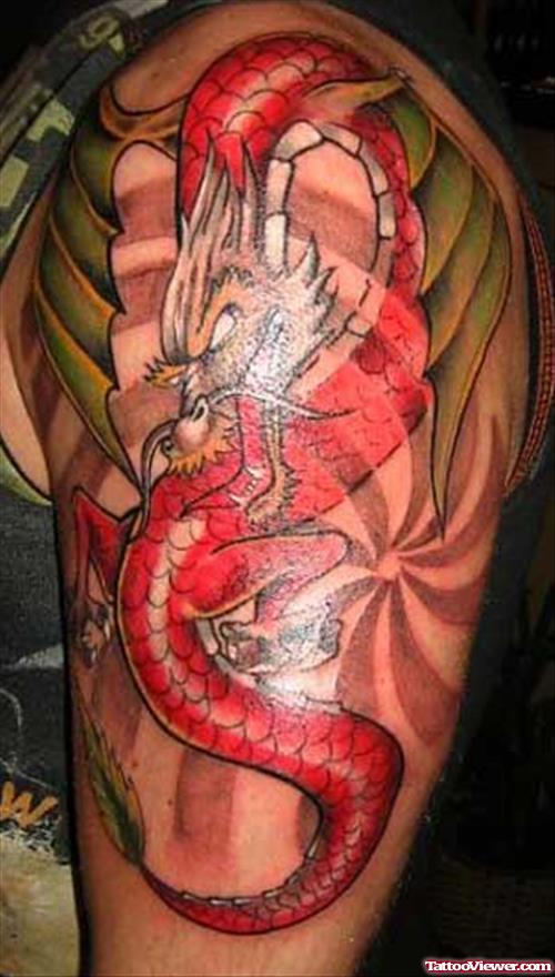 Red ink Dragon Tattoo On Left Half Sleeve