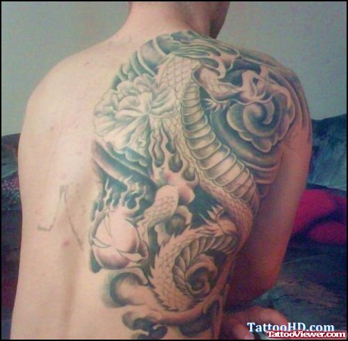 Grey ink Dragon Tattoo On Right Back Shoulder