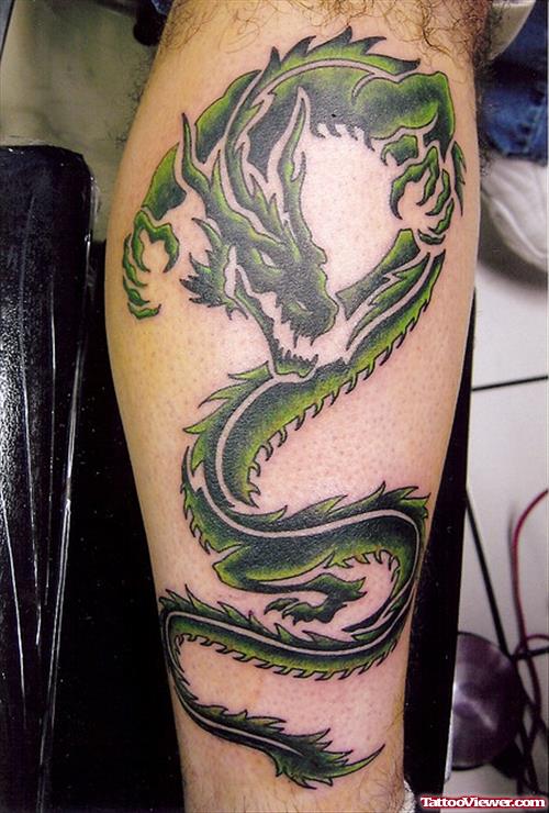 Green Ink Dragon Tattoo On Leg