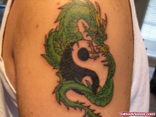 Green Dragon And Yin Yang Tattoo On Shoulder