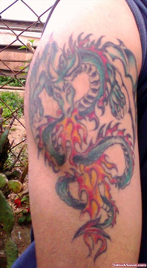 Dragon In Flames Tattoo On Half Sleeve