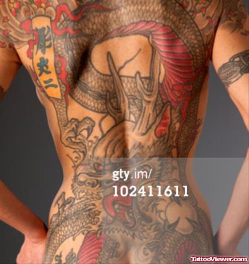 Best Colored Dragon Tattoo On Girl Back Body