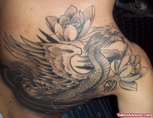 Lotus and Eagle Dragon Tattoo On Back Shoulder