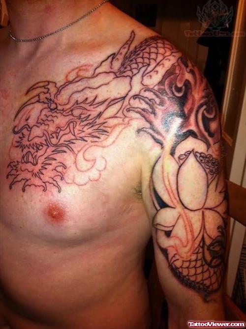 Dragon Snake Tattoo On Chest And Arm