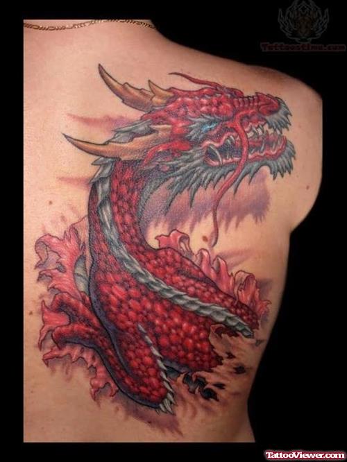 Red Dragon Tattoo On Back Shoulder