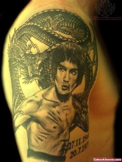 Memorial Bruce Lee And Dragon Grey Ink Tattoo