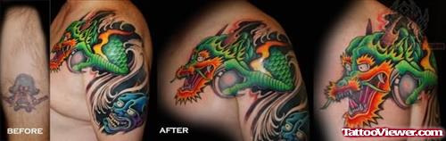 Color Ink Dragon Tattoo On Left Shoulder