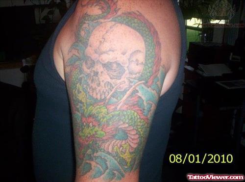 Color Dragon And Skull Tattoo On Half Sleeve