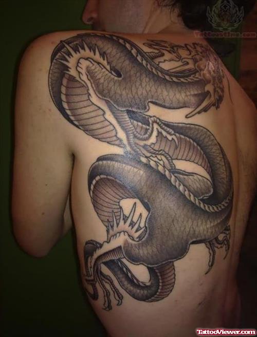 Awesome Grey Ink Dragon Tattoo On Back