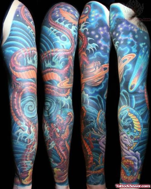 Color Dragon And Space Tattoo On Sleeve