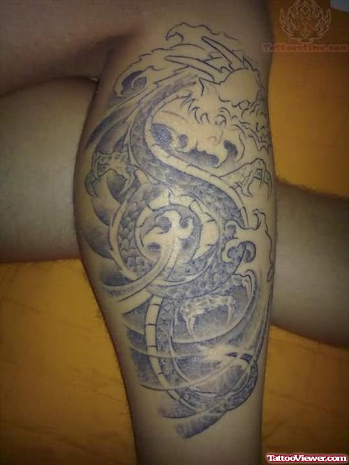 Grey Ink Dragon Tattoo On Leg For Men