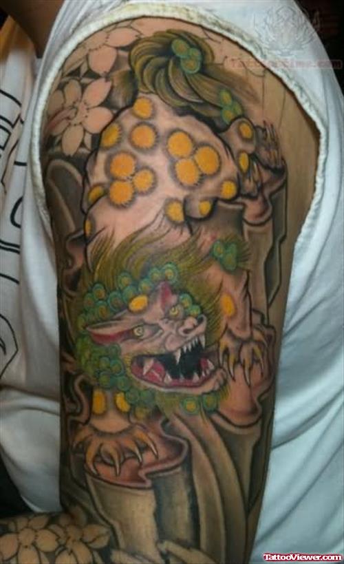 Green Ink Dragon Tattoo On Half Sleeve
