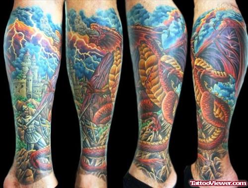 Color Ink Dragon Tattoo On Leg