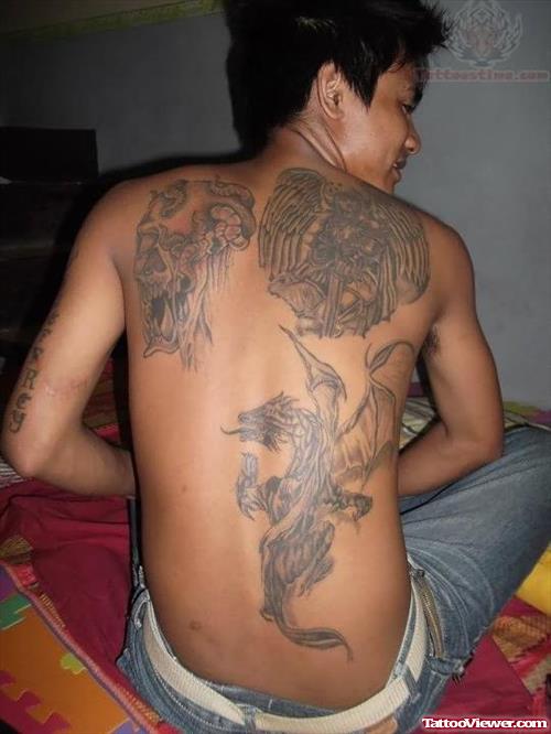 Skull And Dragon Tattoo On Back