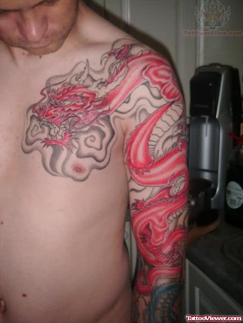 Red ink Dragon Tattoo on Sleeve And Chest