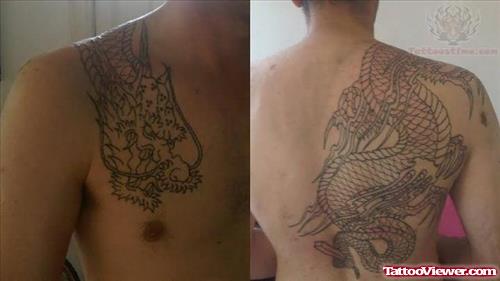 Outline Dragon Tattoo On Chest And Back