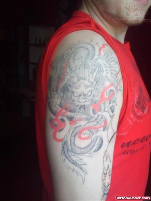 Grey Ink Dragon Tattoo On Half Sleeve