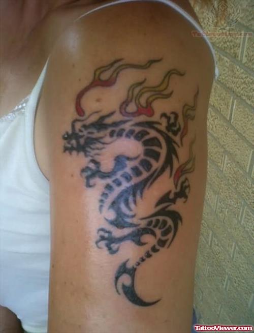 Flaming Dragon Tattoo On Biceps