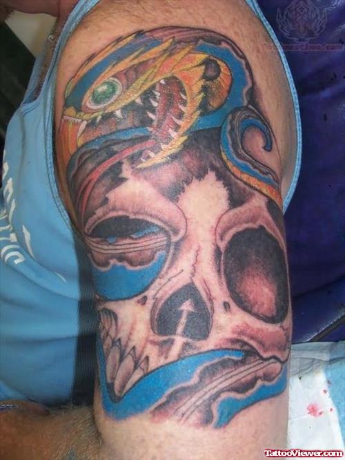 Dragon Snake And Skull Tattoo On Bicep